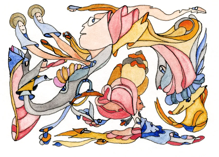 Image of The Holy Creators by Anna Samoilovych, size: 6.4х8.9 см, made of Paper, liner, watercolor, Graphics medium, from Amsterdam, part of the Mysterious Entanglements series, priced at €70 (≈ 3,624 грн)