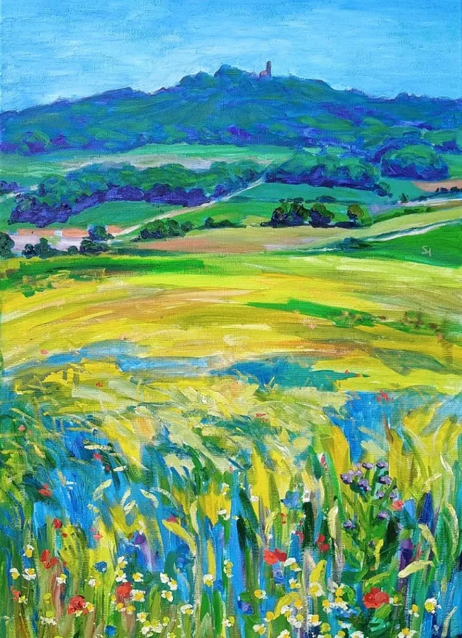 Bild von Blick auf den Bussen aus einem blühenden Weizenfeld von Karina Semenyuk, Größe: 50 x 70, hergestellt aus Oil on canvas, Paintings Medium, aus Unlingen, Germany, Teil der Summer 2025 Serie, zum Preis von €380