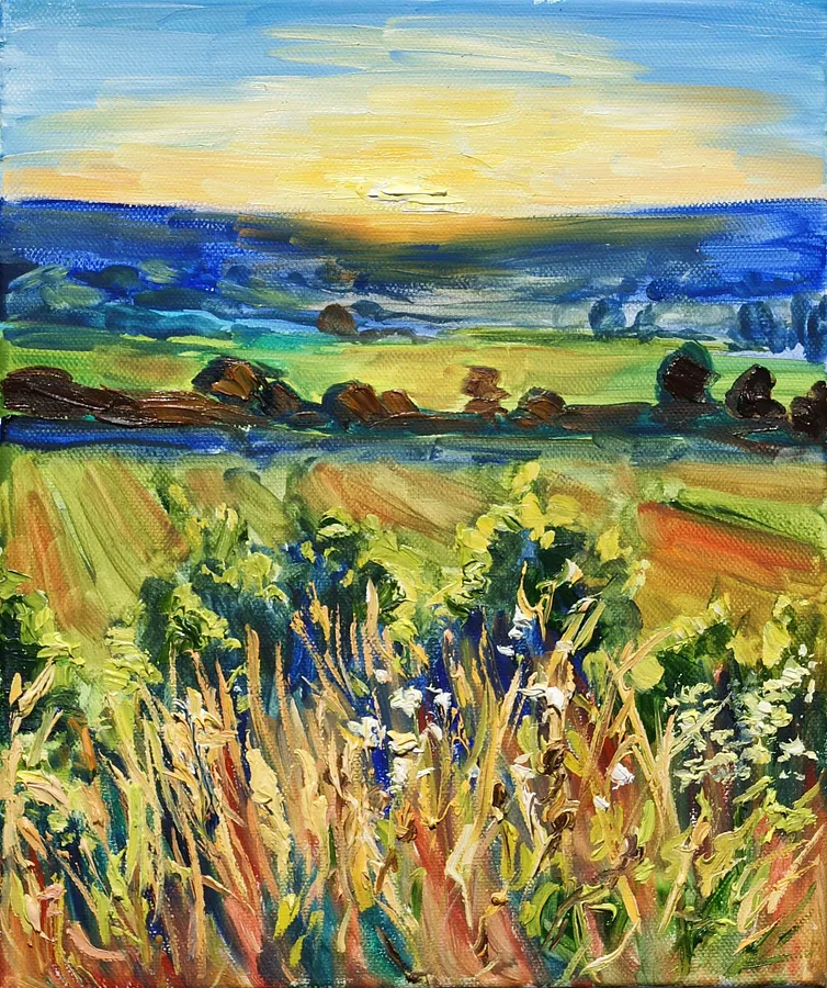 Bild von Blick auf Teutschbuch bei Sonnenuntergang von Karina Semenyuk, Größe: 25 x 30, hergestellt aus Oil on canvas, Paintings Medium, aus Riedlingen, Germany, Teil der Summer 2025 Serie, zum Preis von €90