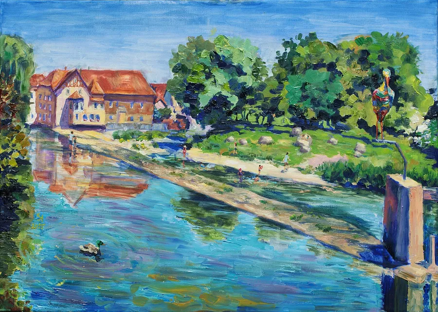 Bild von Blick auf die alte Mühle und die Donauinsel an einem sonnigen Sommertag von Karina Semenyuk, Größe: 50 x 70, hergestellt aus Oil on canvas, Paintings Medium, aus Riedlingen, Germany, Teil der Summer 2025 Serie, zum Preis von €460