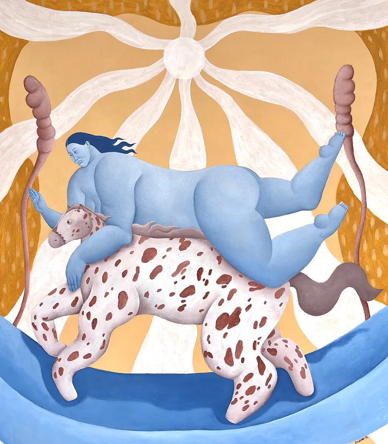 Image of Woman on Horseback by Diana Ruban , size: 94 x 84 cm, made of canvas, acrylic, oil, , Painting medium, from United Kingdom, London, part of the Blue women series