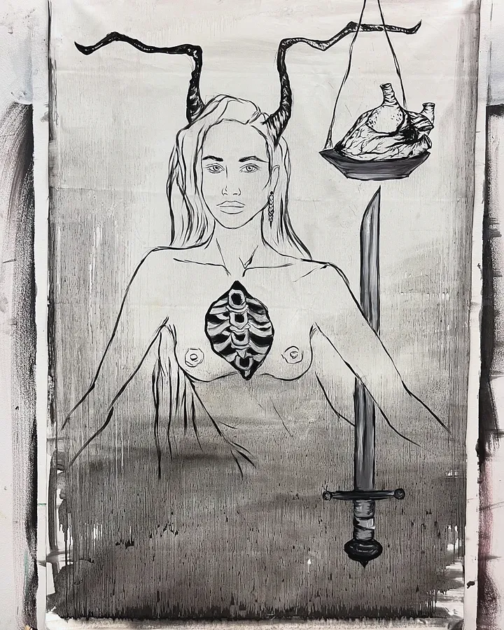 Image of Arcana 1: "Magican" by Ellada , size: 77*114, made of Oil on Canvas, Painting medium, part of the Ellada’s Oracle series, priced at £1700 (≈ 103,155 грн)