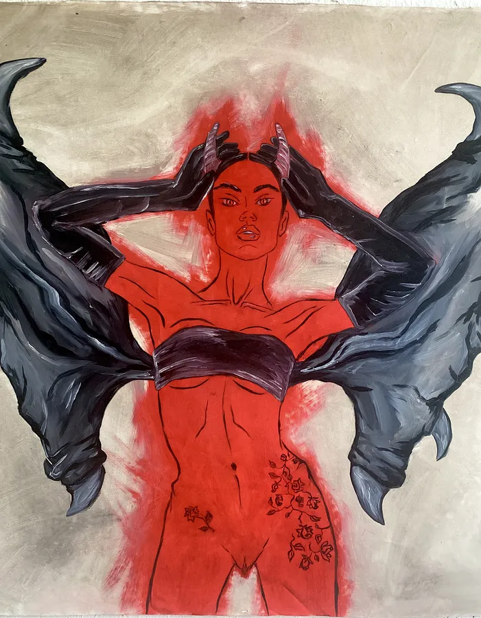Image de Arcana 1: "The Devil" par Ellada , taille : 100*115, fabriqué avec Oil on Canvas, médium Painting, de Kyiv, faisant partie de la série Ellada’s Oracle, au prix de $1500 (≈ 67 552 грн)