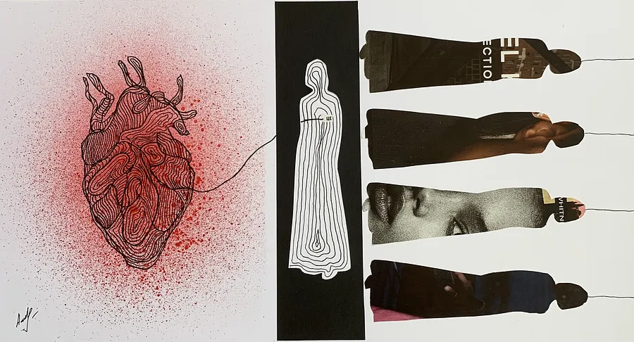 Imagen de Masks off de Adriana Shportan, tamaño: 44x24, hecho de collage, medio Collage, de London