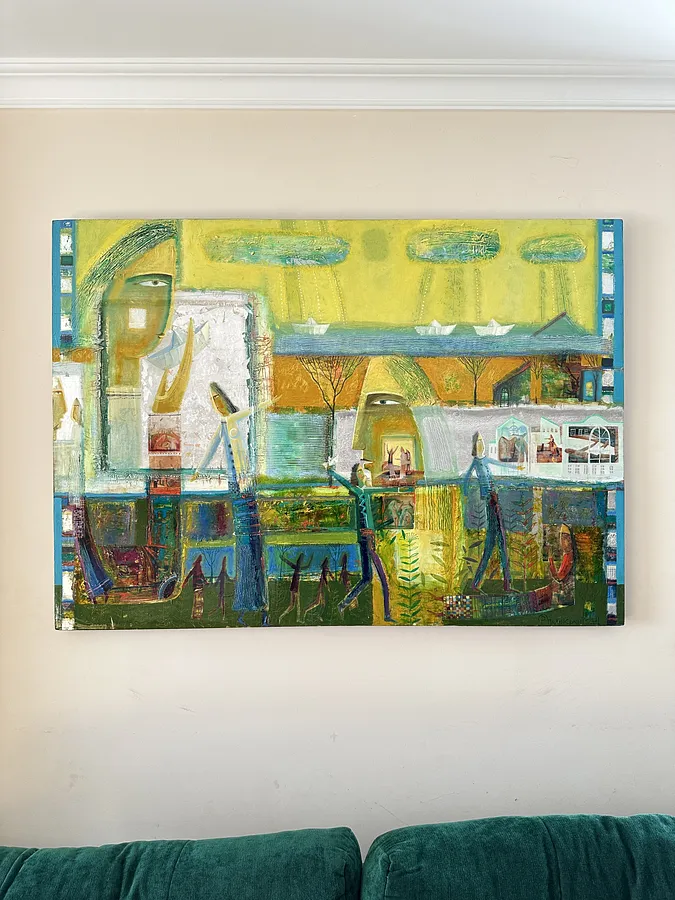 Obraz Papierowe łódeczki autorstwa Roman Opaliński, rozmiar: 140x100cm, wykonany z olej/drewno, medium Malarstwo, z Miasteczko, cena: $5000 (≈ 225 175 грн)