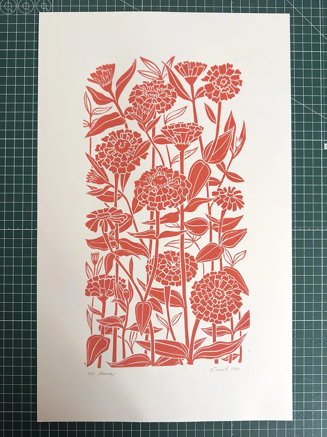 Image of Zinnias by Olha Hnativ, size: 45х28, Linocut medium, from Lviv, priced at $75