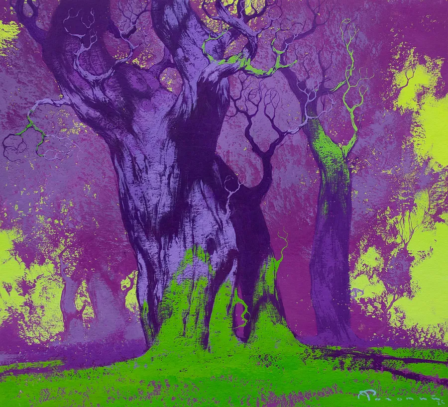 Imagen de Bosque Violeta de Artem Rohovyi, tamaño: 27x30, hecho de Gouache, papel, medio Pintura, con un precio de $800