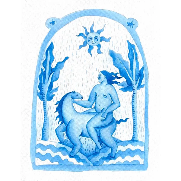 Image of Woman on a horse by Diana Ruban , size: 27х21 cm, made of Paper, acrylic, Painting medium, from Georgia , part of the Blue women series