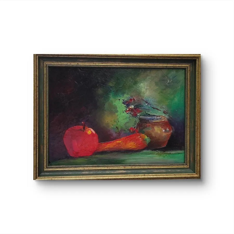 Bild von Still life with a jug, a carrot, and an apple. von Natalya Tomchuk , Größe: 25x35 cm, Painting Medium, zum Preis von $250