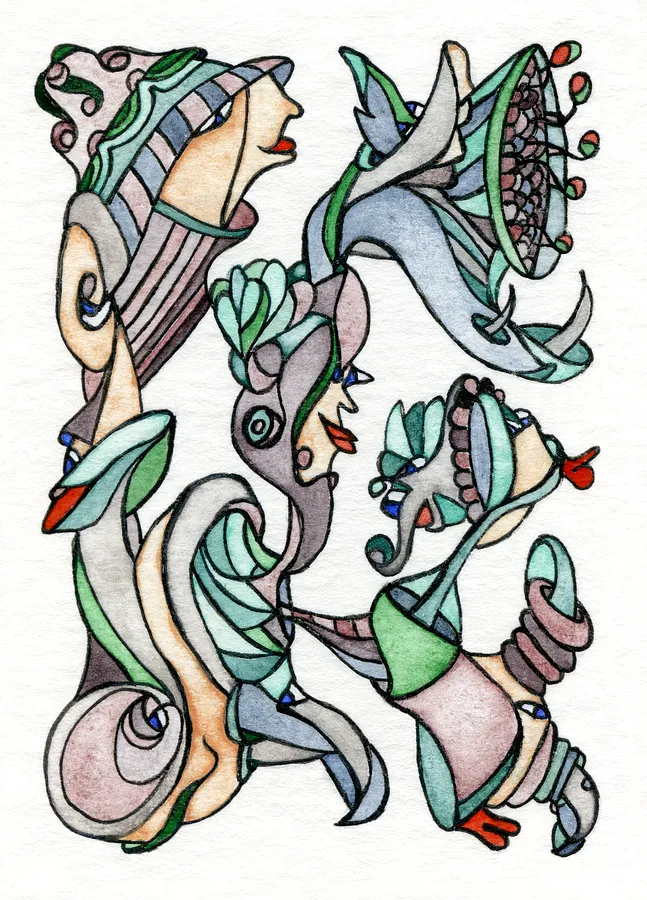 Image of Dapper Hats of the Jazz Age by Anna Samoilovych, size: 8.9х6.4 cm, made of Paper, liner, watercolor, Graphics medium, from Amsterdam, part of the Mysterious Entanglements series, priced at €70