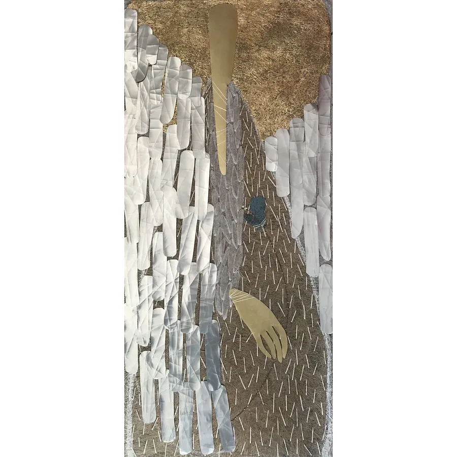Image of Angel by Tkachuk Yaroslava, size: 75 х 35 cм, made of linen, silk, ribbon, brass, recycled aluminum, Textiles medium, part of the 51/100 series