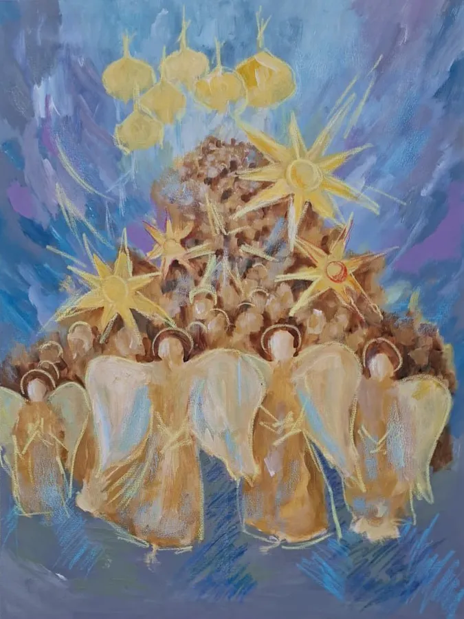 Зображення "Christmas procession" від Daria Habich, розмір: 90х120 cm, матеріали: полотно, акрил, олійна пастель, лак, медіум: Живопис, місто: Німеччина, ціна: €2190
