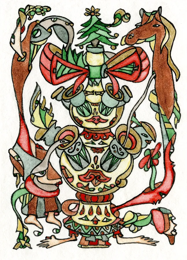 Bild von Новорічна конструкція під бантом von Анна Самойлович, Größe: 8.9х6.4 cm, Графіка Medium, Teil der Таємничі сплетіння Serie, zum Preis von €70