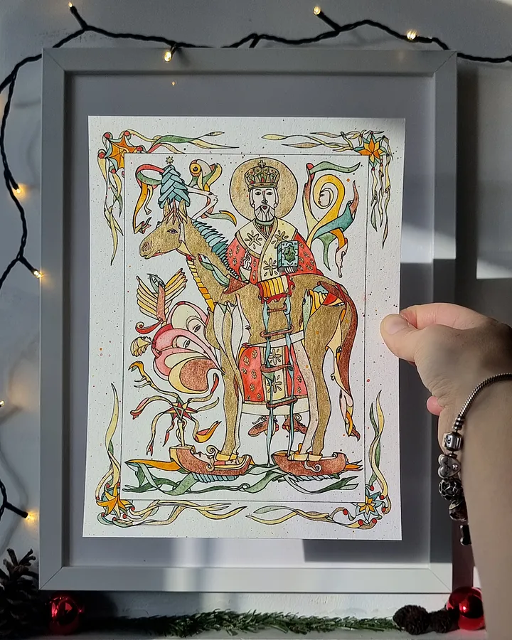 Image of A Christmas Crossing in Klompen by Anna Samoilovych, size: 24х18 cm, made of paper, liner, watercolor, Graphics medium, from Amsterdam, part of the 18*24 series, priced at €270 (≈ 13,913 грн)