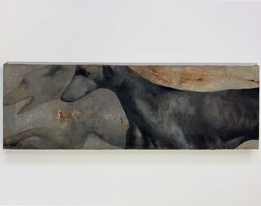 Image of “The way to the watering hole” by ANNA VERIKI, size: 35x110 cm, made of Oil on linen, Painting medium, from Kyiv , part of the Horses series, priced at €800