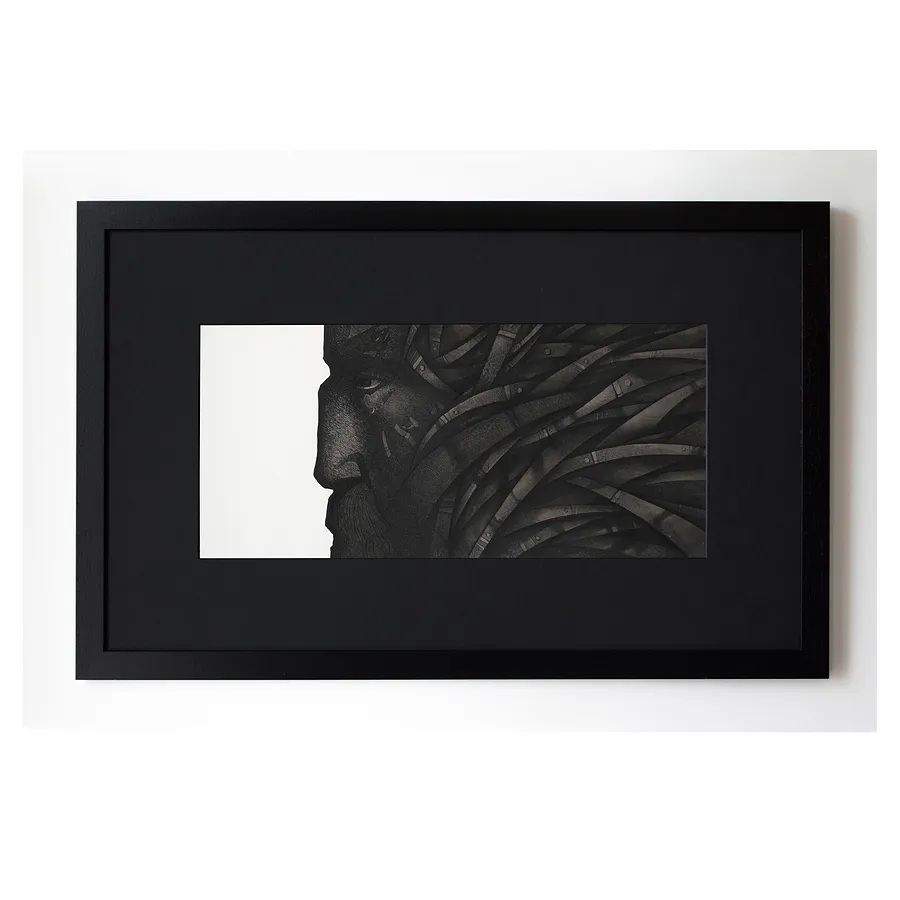 Obraz Роздуми | Reflections autorstwa Ołeksandr Makohon, rozmiar: 77 х 50 см, wykonany z туш, бавовняний папір | ink, cotton paper, medium Grafika, część serii Portraits, cena: $350 (≈ 15 762 грн)