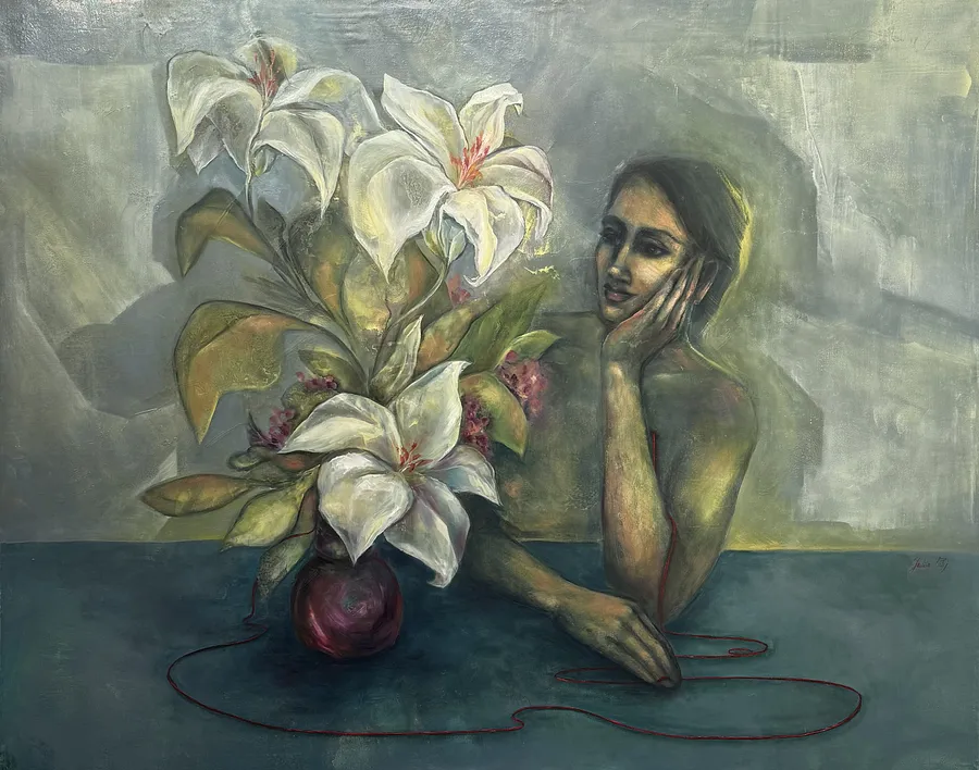 Image de Conversation with lilies par Yuliia Poraiko (Palij), taille : 120 x 95 cm, fabriqué avec Oil, acrylic on canvas, médium ARTWORKS, de Rochester, USA, faisant partie de la série Genetic Memory, au prix de $1900