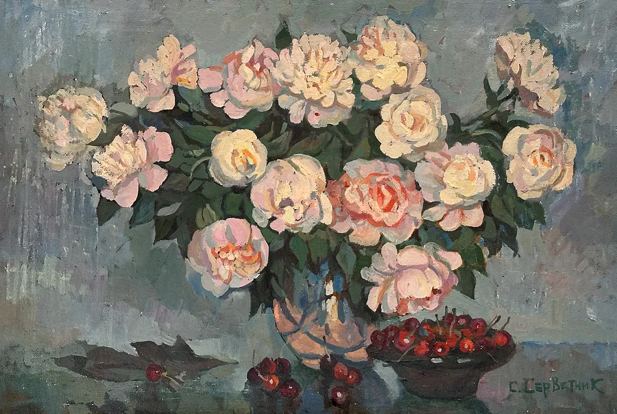 Image of Півонії та черешні by Станіслав Серветник, size: 60x90, олія medium