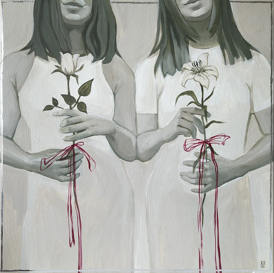 Obraz Sisters autorstwa Olha Vlasova, rozmiar: 60x60 cm, wykonany z Acrylic on canvas, medium Painting, z Ukraine, część serii Romanticization, cena: €700 (≈ 36 071 грн)